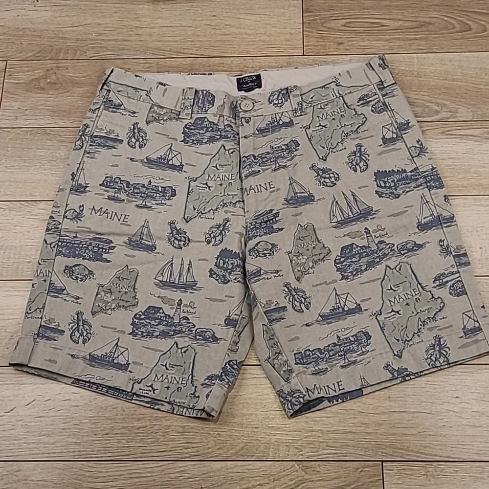 J CREW Gramercy‎ MAINE Theme Grey Cotton Sz 33 Mens Casual Flat Front Shorts